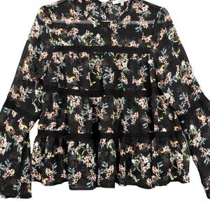 RO&DE Black Floral Bell Sleeve Blouse Tiered Lace Trim Size XS Relaxed Fit EUC